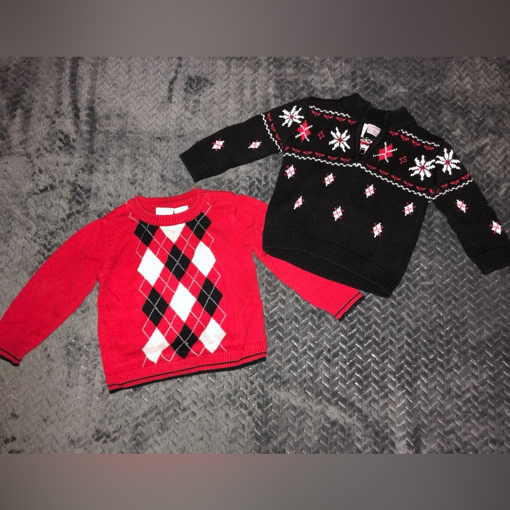 Baby Argyle and Snowflake Christmas Sweater Duo - Red and Black